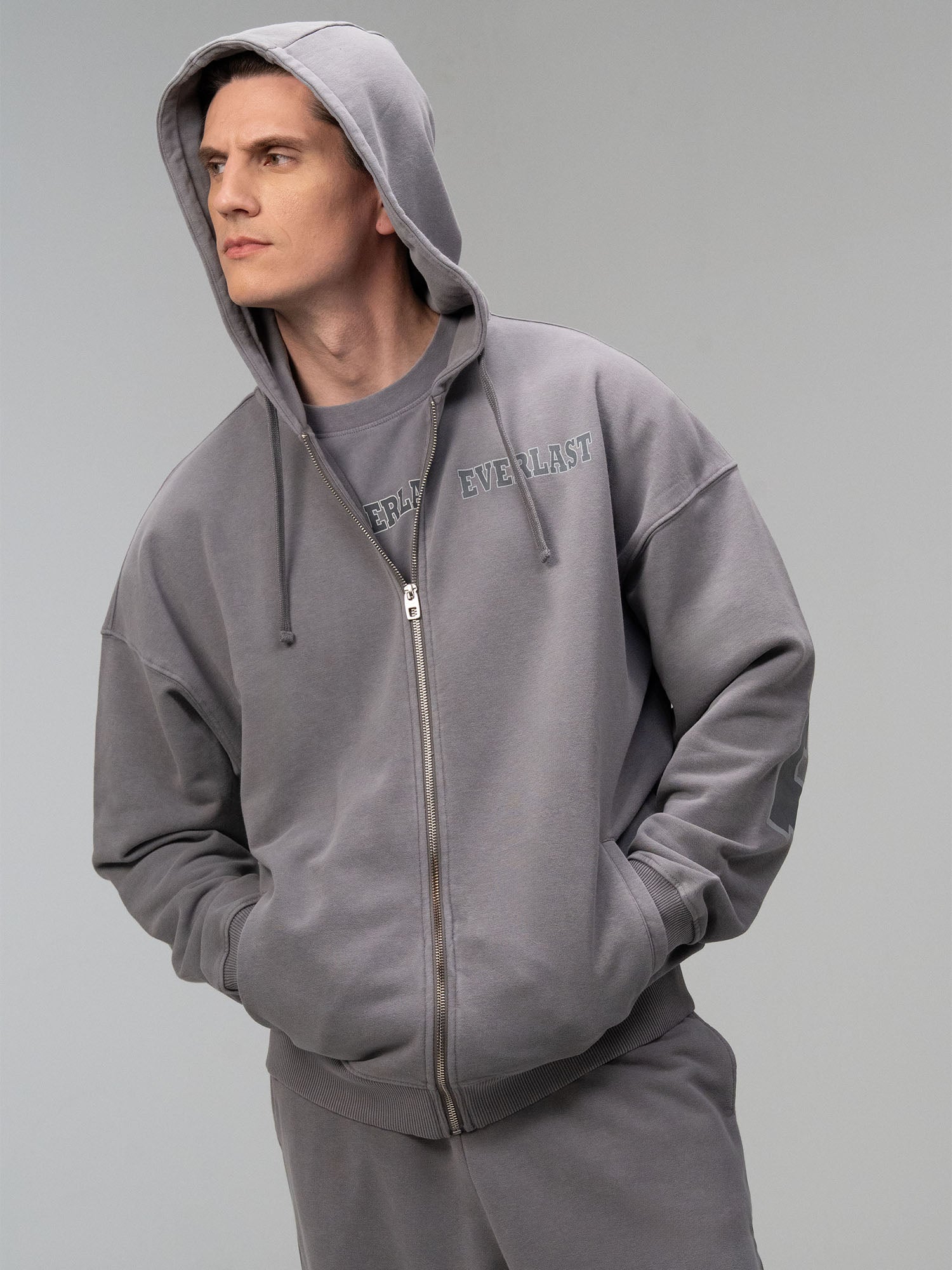 Everlast Giant Logo Oversize Koyu Gri Fermuarlı Erkek Sweatshirt